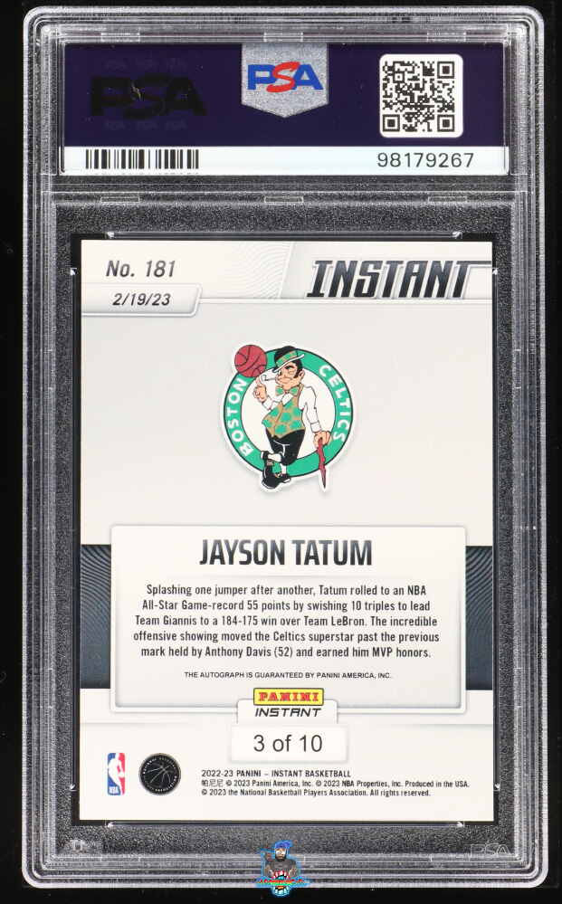 Back of 2022 Panini Instant Red White Blue Autograph Jayson Tatum #181