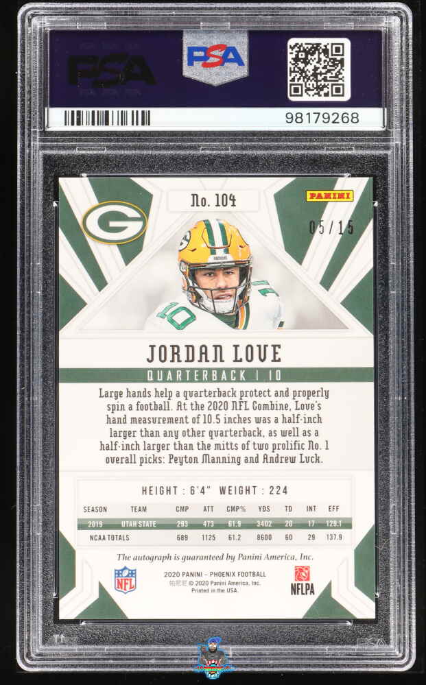Back of 2020 Panini Phoenix Rookie Autograph Blue Jordan Love #104 /15