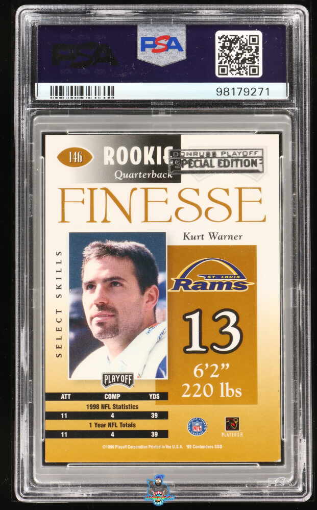Back of 1999 Playoff Contenders Select Skills Finesse Gold Kurt Warner #146 /25