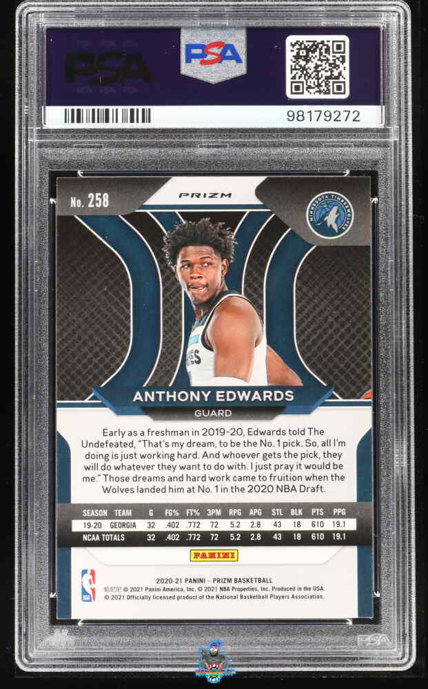Back of 2020 Panini Prizm Ruby Wave Prizm Anthony Edwards #258