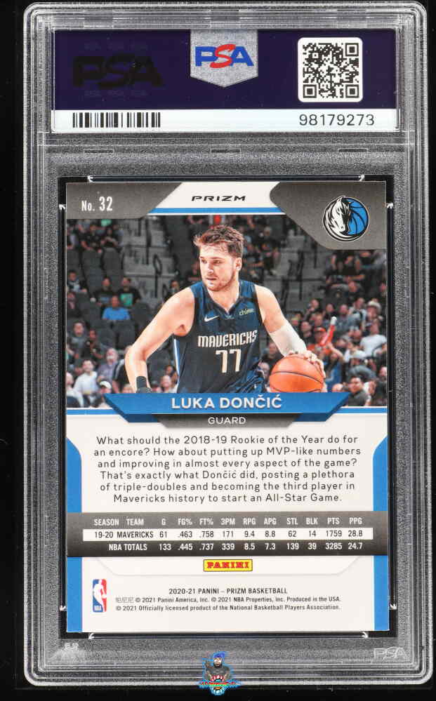 Back of 2020 Panini Prizm Ruby Wave Prizm Luka Doncic #32