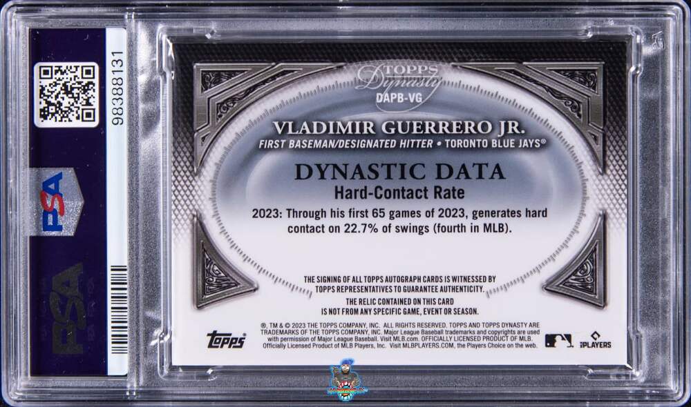 Back of 2023 Topps Dynasty Variation Autograph Patch Gold Vladimir Guerrero Jr. #DAPBVG /1