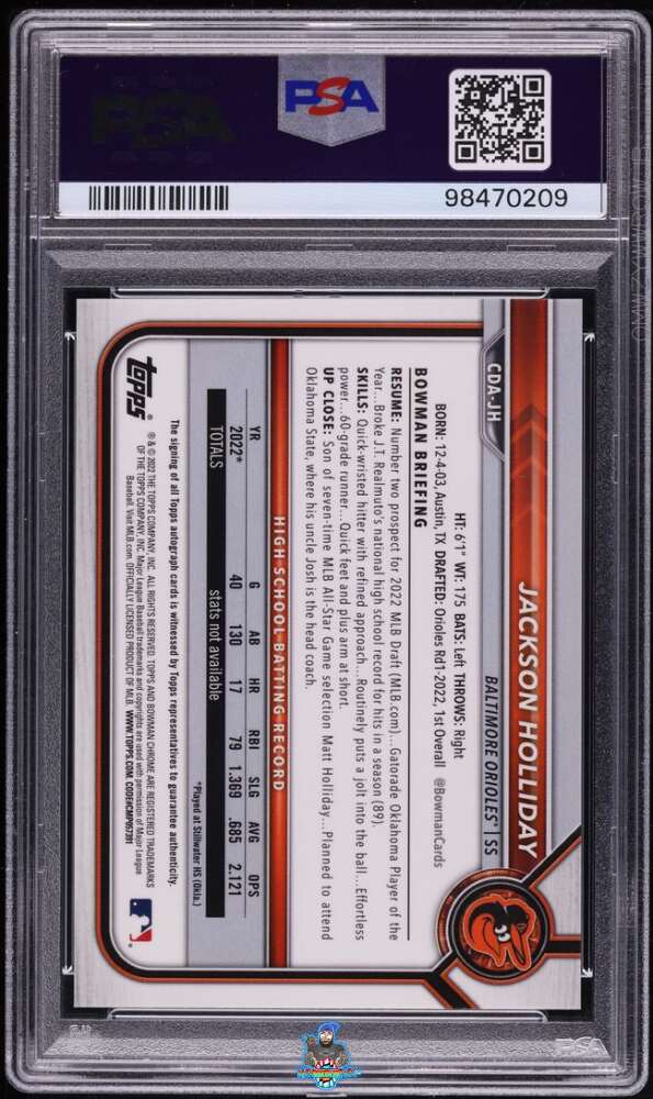 Back of 2022 Bowman Draft Chrome Autograph Aqua Lava Refractor Jackson Holliday #CDAJH /199