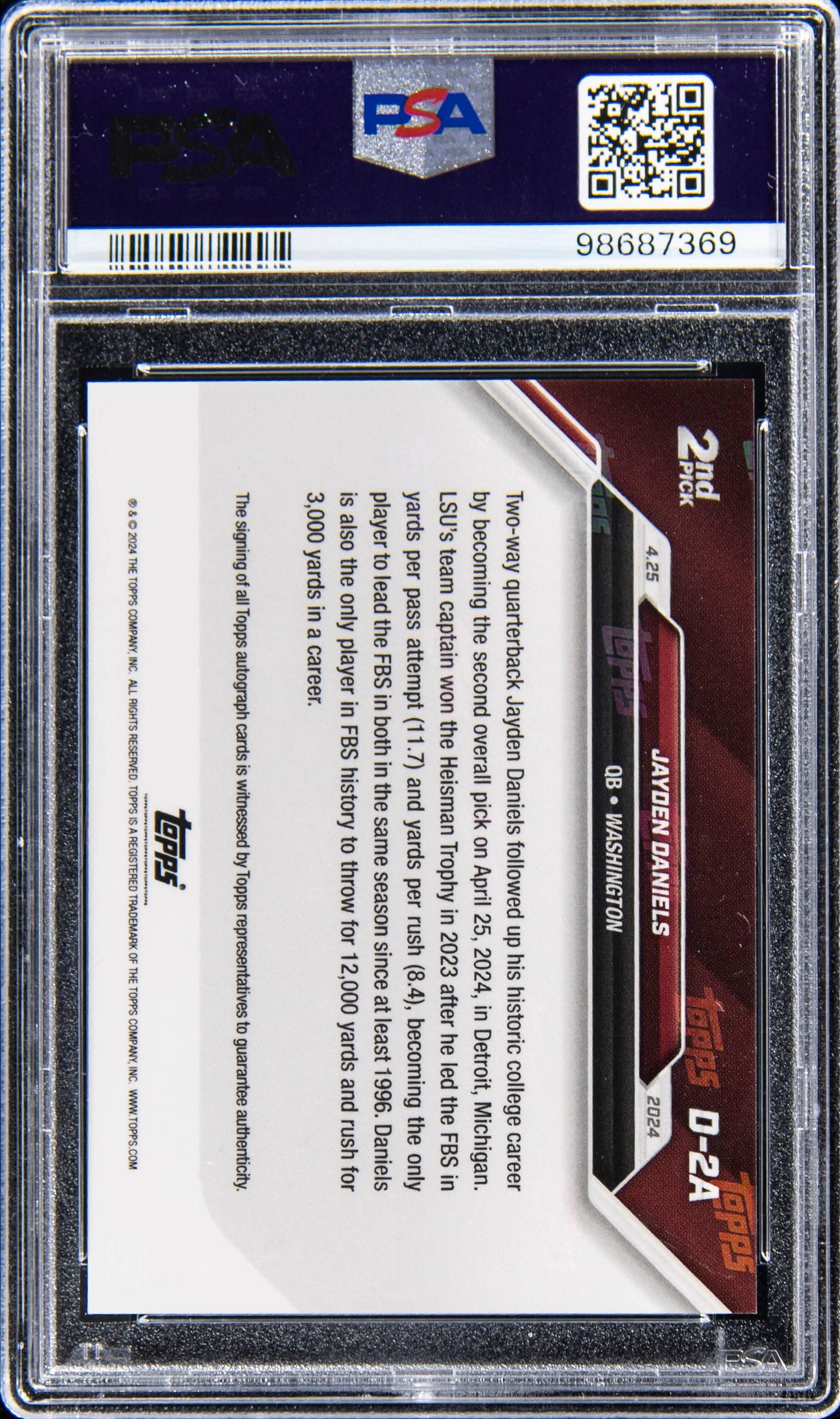 Back of 2024 Topps Now Draft Autograph Jayden Daniels #D-2A