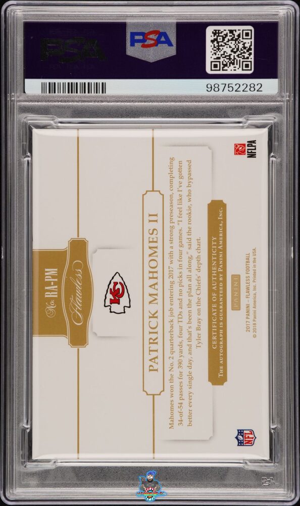 Back of 2017 Panini Flawless Rookie Autograph Sapphire Patrick Mahomes II #4 /10