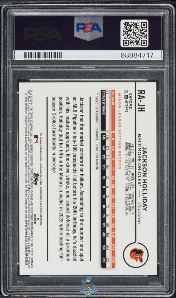 Back of 2024 Topps Chrome Rookie Autograph Orange Refractor Jackson Holliday #RAJH /25