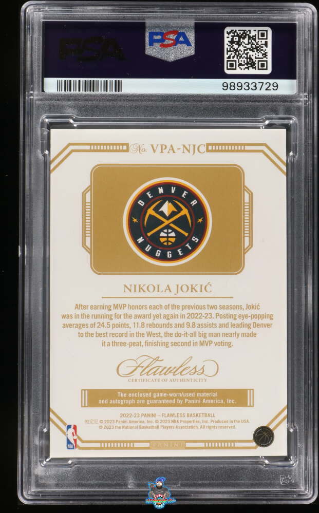 Back of 2022 Panini Flawless Vertical Patch Auto Emerald Nikola Jokic #42 /5