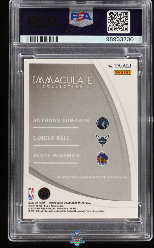 Back of 2020 Panini Immaculate Collection Triple Autographs Anthony Edwards/James Wiseman/Lamelo Ball #TA-ALJ /25