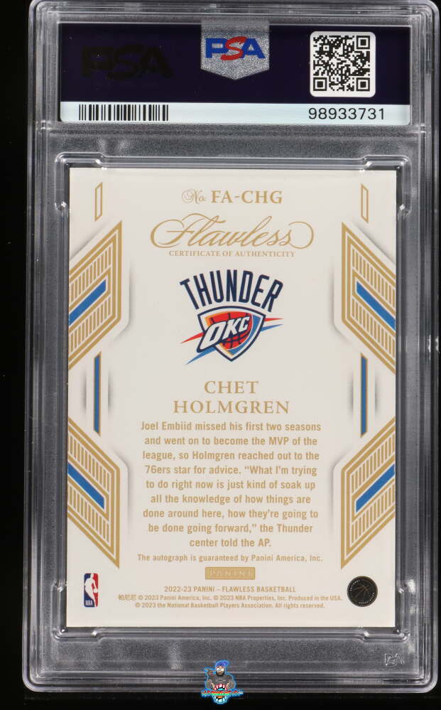 Back of 2022 Panini Flawless Flawless Autographs Amethyst Chet Holmgren #20 /3