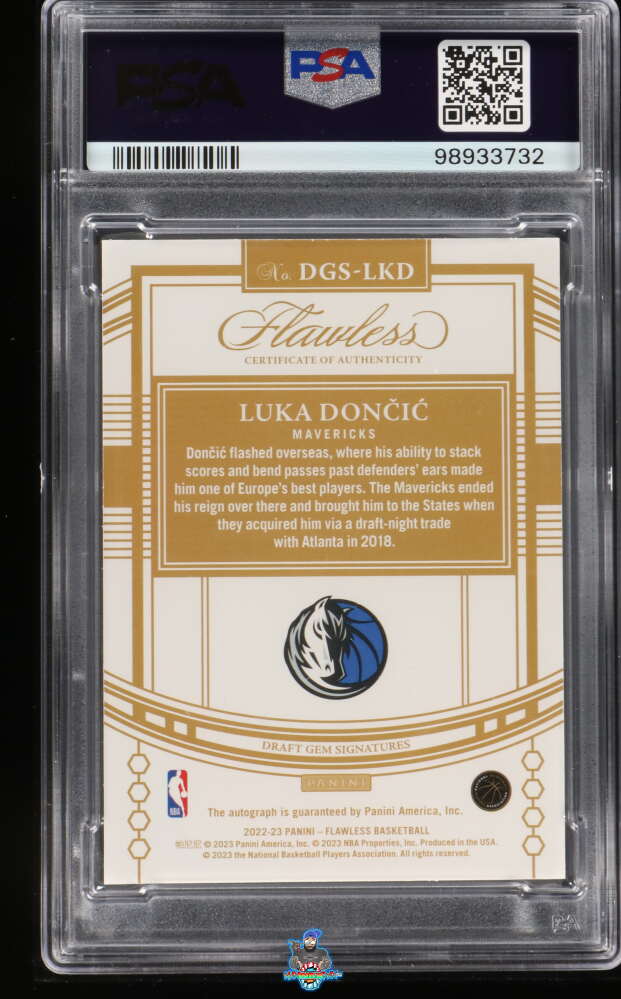 Back of 2022 Panini Flawless Draft Gem Signature Gold Luka Doncic #21 /10