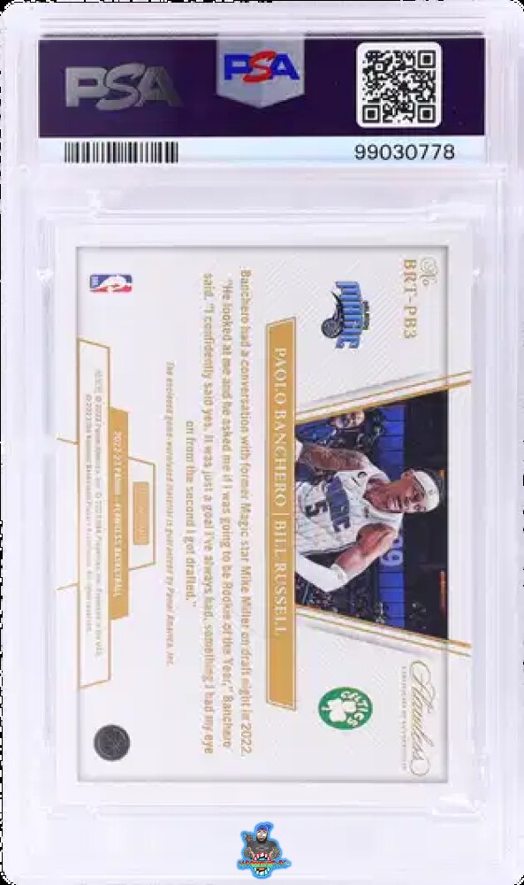 Back of 2022 Panini Flawless Bill Russell Tribute Patch Paolo Banchero #BRTPB3 /1