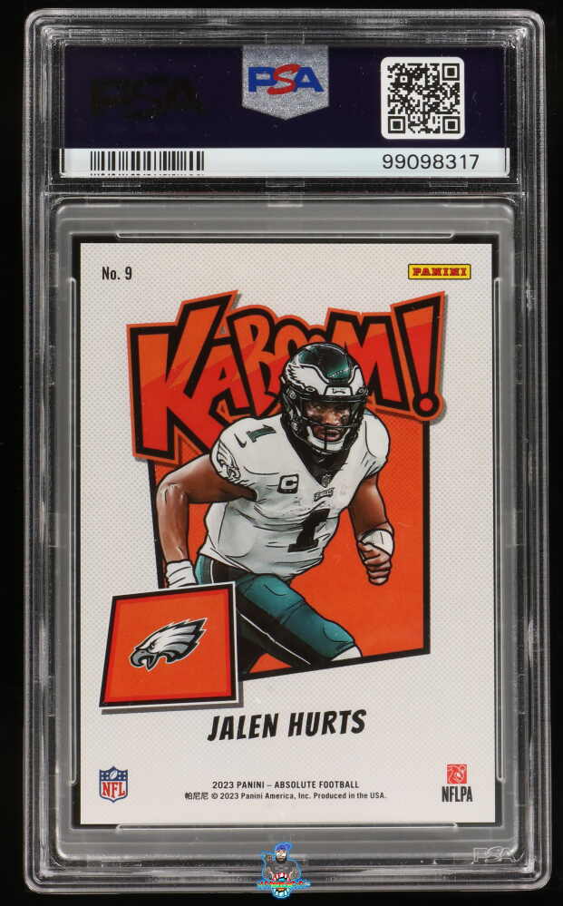 Back of 2023 Panini Absolute Kaboom! Horizontal Jalen Hurts #9