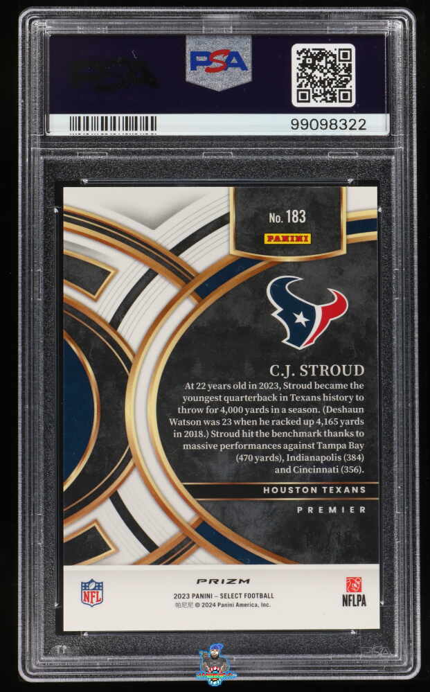 Back of 2023 Panini Select Premier Level Gold Disco Prizm CJ Stroud #183 /10