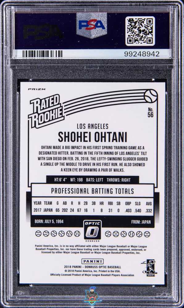 Back of 2018 Donruss Optic Rated Rookie Red Yellow Shohei Ohtani #56