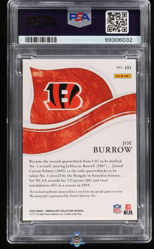 Back of 2020 Panini Immaculate Collection Patch Autograph Joe Burrow #101 /99