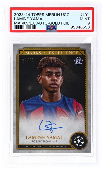 2023 Topps Merlin UEFA Club Competitions Marks of Excellence Autograph Gold Foil Lamine Yamal #EX-LY1 /50