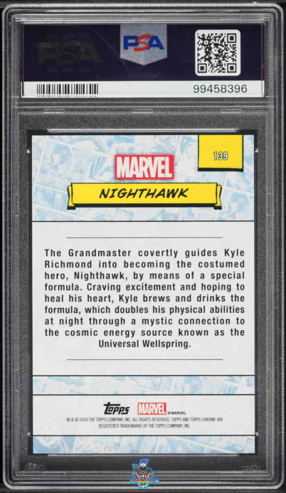 Back of 2024 Topps Chrome Marvel Sapphire Padparadscha Nighthawk #139 /1