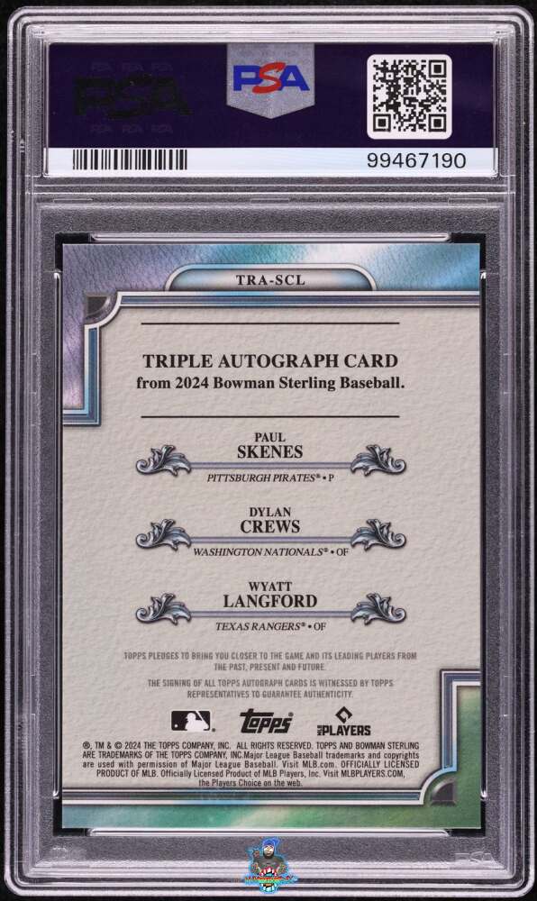 Back of 2024 Bowman Sterling Triple Refractor Autographs Tra-Rose Gold Mini Dia Ref Crews/Langford/Skenes #TRASCL