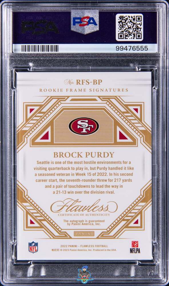 Back of 2022 Panini Flawless Rookie Frame Signature Platinum Brock Purdy #19 /1