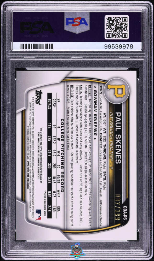Back of 2023 Bowman Draft Sapphire Chrome Prospect Autograph Paul Skenes #CDA-PS /199