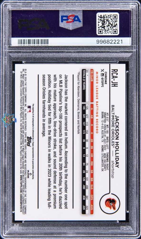 Back of 2024 Topps Chrome Logofractor MLB Refractor Chrome Autograph Red Refractor Jackson Holliday #RCAJH /5