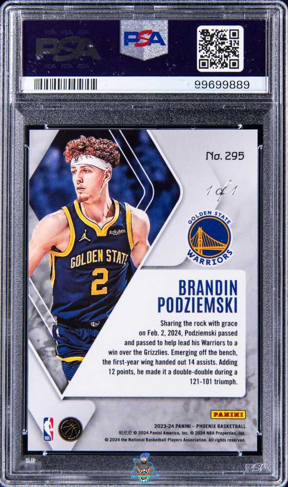 Back of 2023 Panini Phoenix Gold Vinyl 1/1 Brandin Podziemski #295