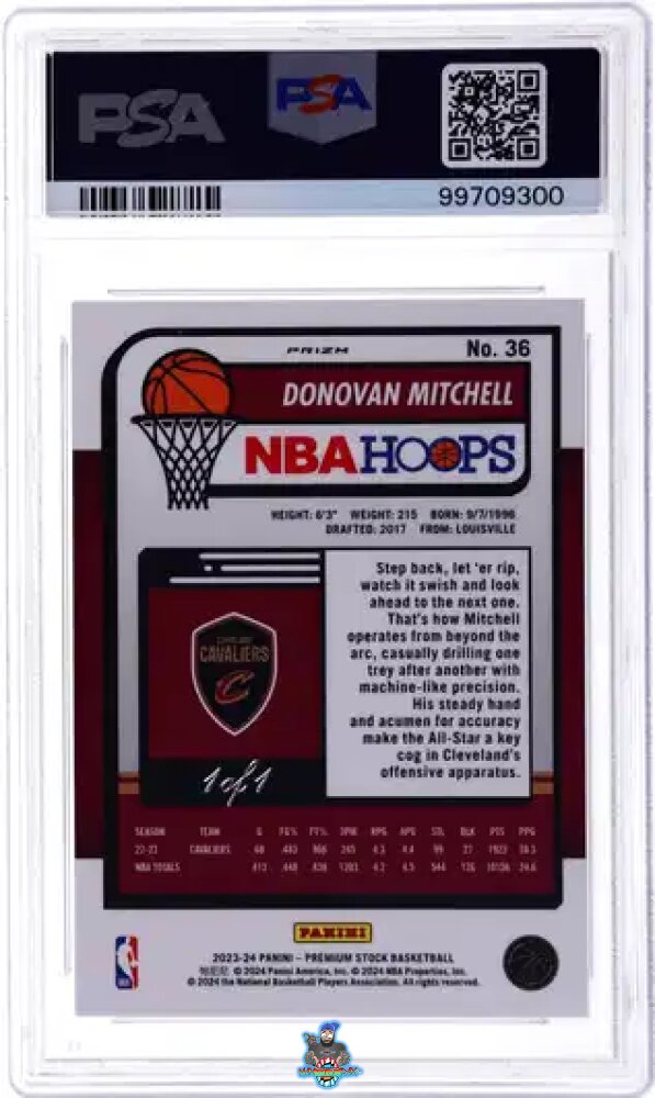 Back of 2023 Hoops Premium Stock Premium Nebula Prizm Donovan Mitchell #36 /1