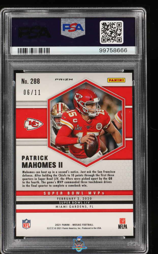 Back of 2021 Panini Mosaic Pink Swirl Mosaic Patrick Mahomes II #288 /11