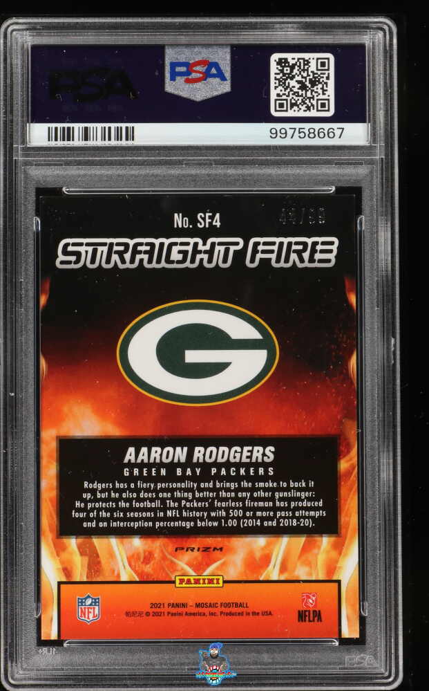Back of 2021 Panini Mosaic Straight Fire Blue Mosaic Aaron Rodgers #4 /99