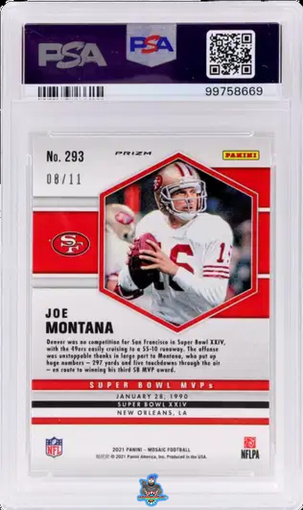 Back of 2021 Panini Mosaic Green Swirl Mosaic Joe Montana #293 /11