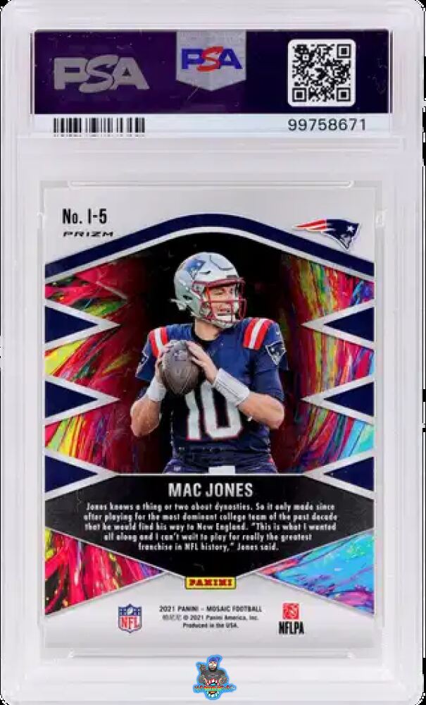 Back of 2021 Panini Mosaic Introductions Gold Mosaic Mac Jones #5 /10