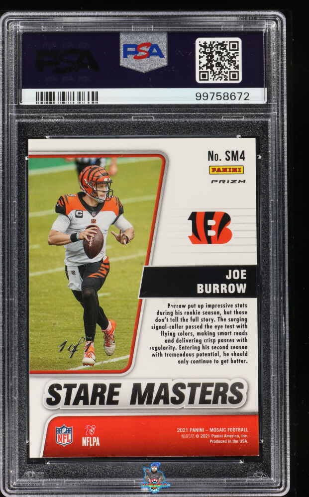 Back of 2021 Panini Mosaic Stare Masters Black Mosaic Joe Burrow #4 /1