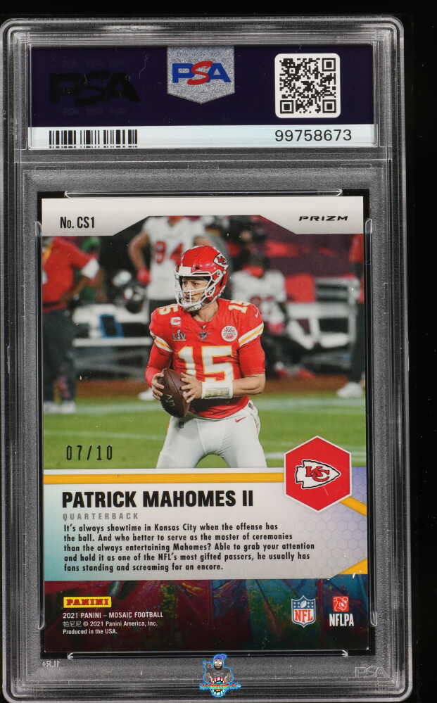 Back of 2021 Panini Mosaic Center Stage Gold Mosaic Patrick Mahomes II #1 /10