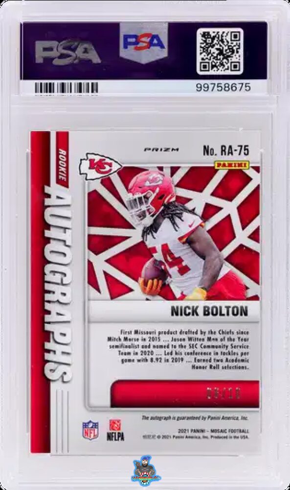 Back of 2021 Panini Mosaic Rookie Autographs Gold Mosaic Nick Bolton #75 /10