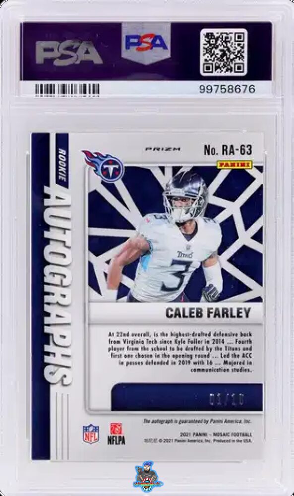 Back of 2021 Panini Mosaic Rookie Autographs Mosaic Gold Caleb Farley #63 /10