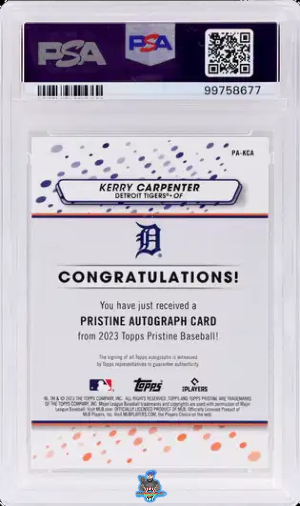 Back of 2023 Topps Pristine Autograph Kerry Carpenter #PAKCA