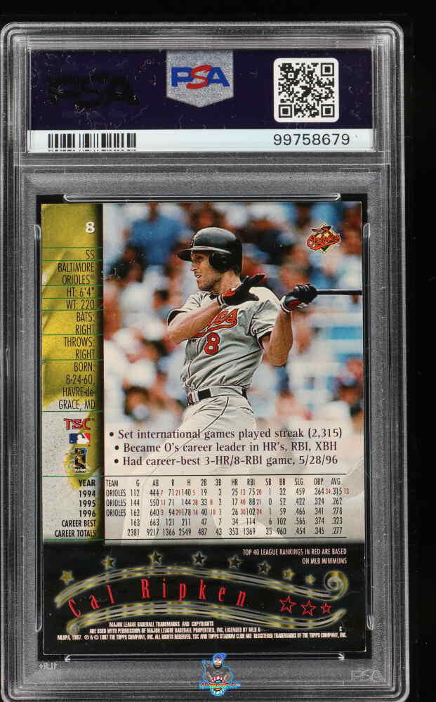 Back of 2020 Topps Archives Signature Series '97 Stadium Club Cal Ripken Jr. #8 /1