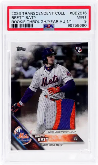 2023 Brett Baty PSA 9 Topps Transc Rookie Through Year Patch Auto #BB2016 1/1