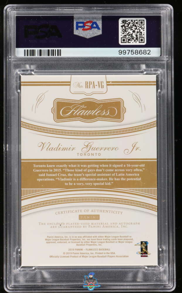 Back of 2019 Panini Flawless Rookie Patch Autograph Vladimir Guerrero Jr. #1 /25