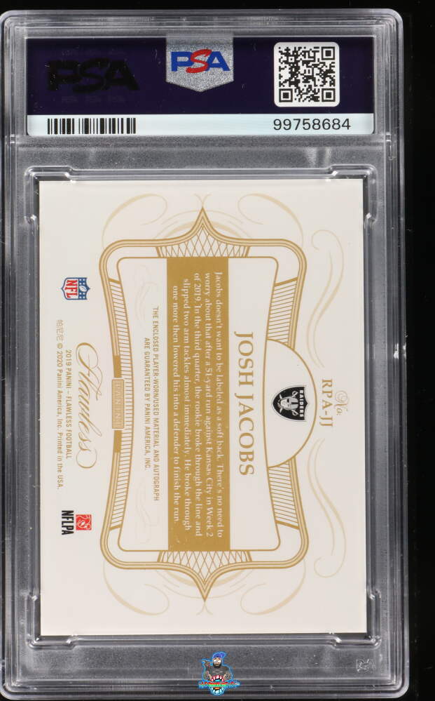 Back of 2019 Panini Flawless Rookie Patch Autograph Emerald Josh Jacobs #2 /5
