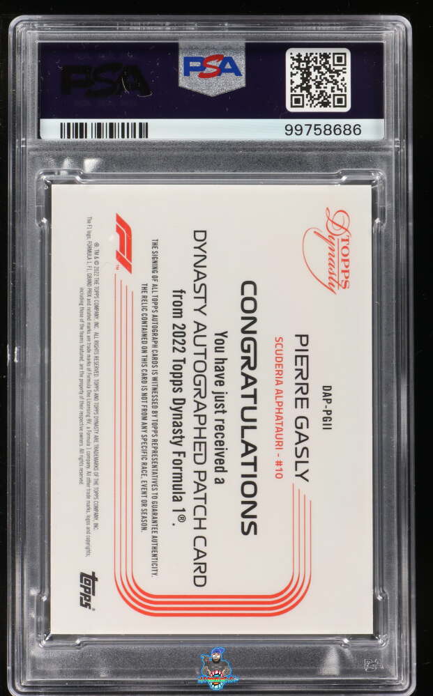 Back of 2022 Topps Dynasty Formula 1 Autograph Patch Pierre Gasly #DAPPGII /10