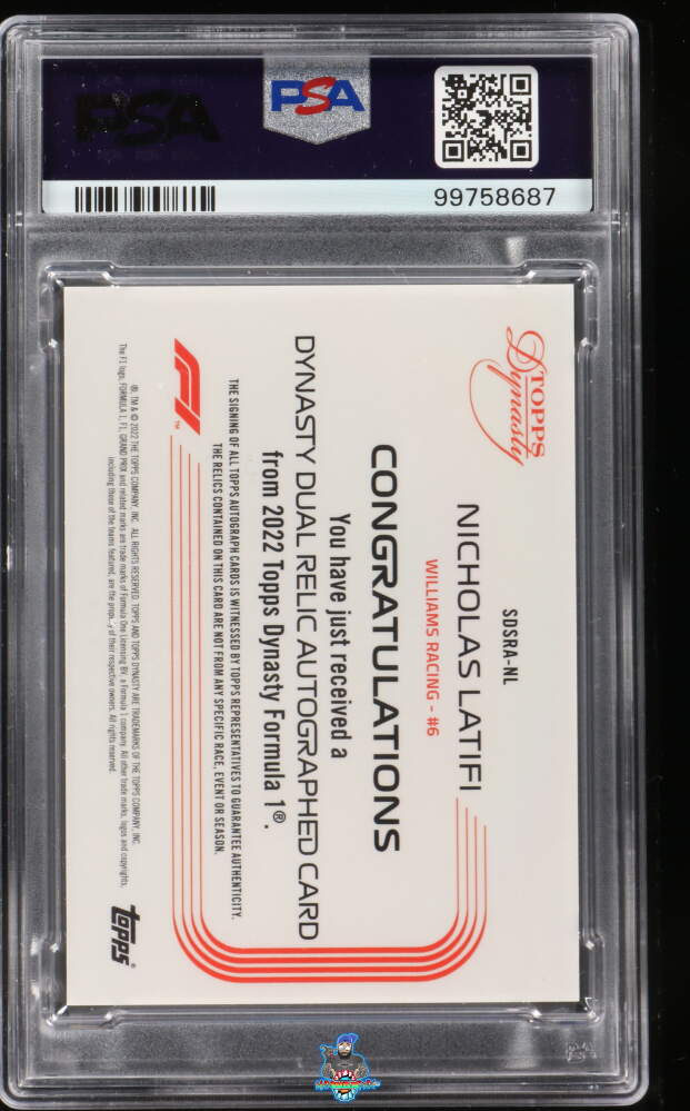 Back of 2022 Topps Dynasty Formula 1 Single Driver Dual Relic Autograph Nicholas Latifi #SDSRANL /10