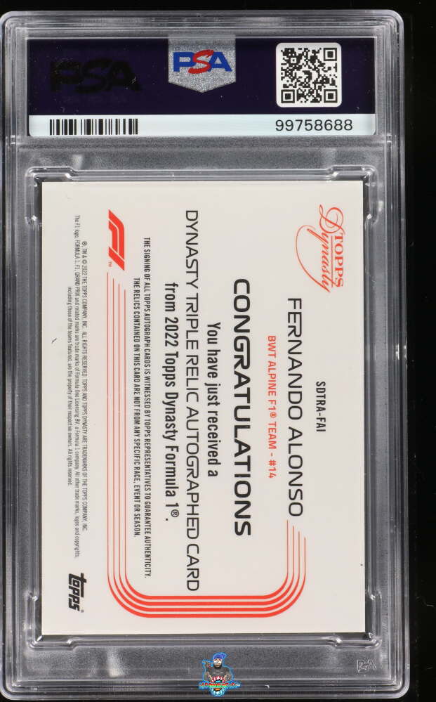 Back of 2022 Topps Dynasty Formula 1 Single Driver Triple Relic Autograph Red Fernando Alonso #SDTRAFAI /5
