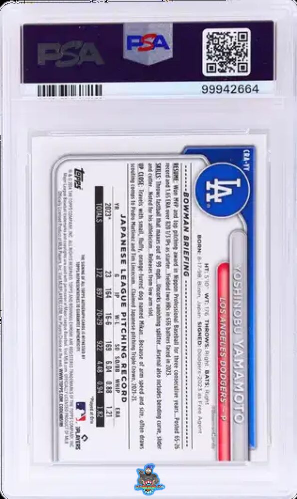 Back of 2024 Bowman Chrome Rookie Autograph Blue Refractor Yoshinobu Yamamoto #CRAYY /150