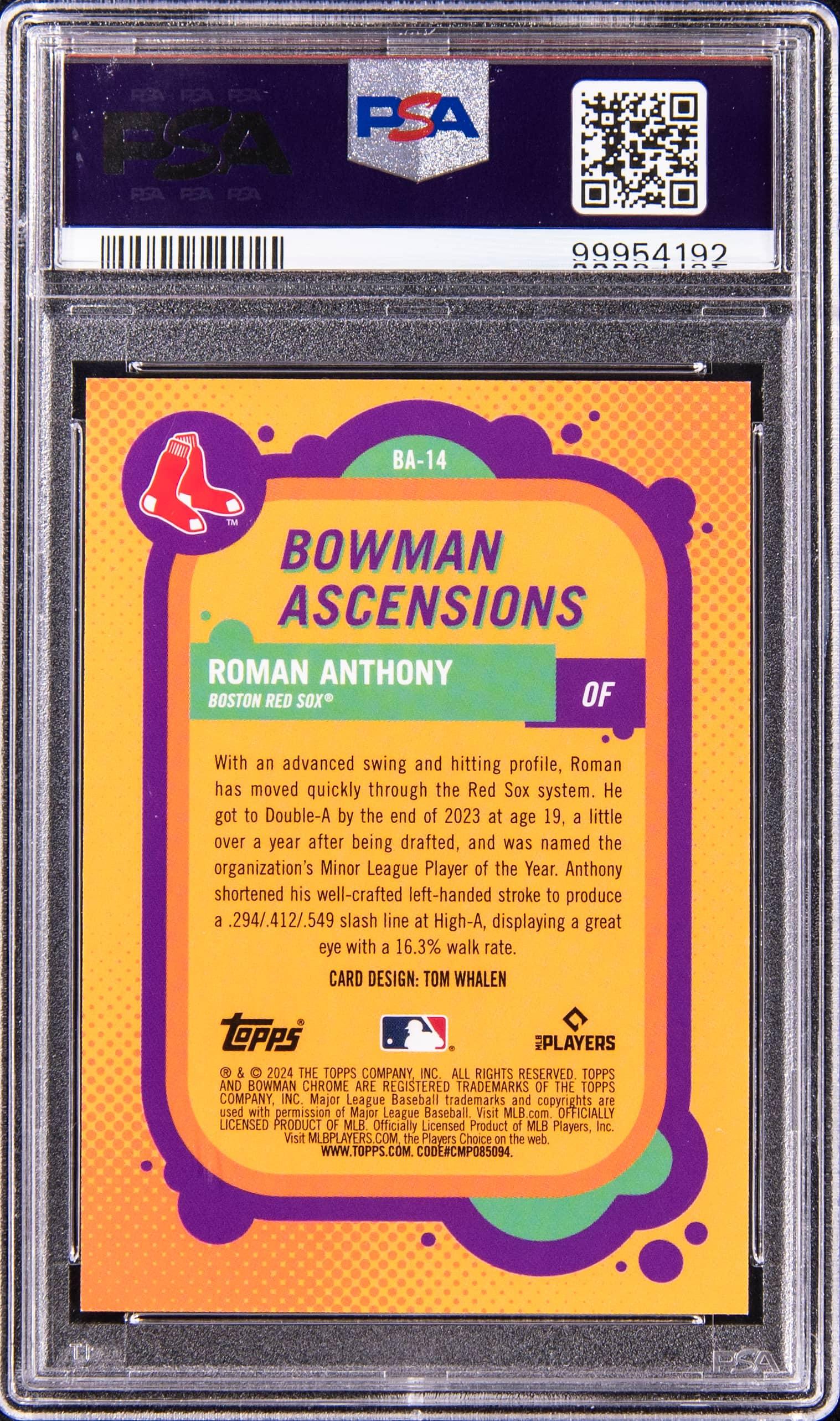 Back of 2024 Bowman Chrome Bowman Ascensions Ba-Superfractor 1/1 Roman Anthony #BA14
