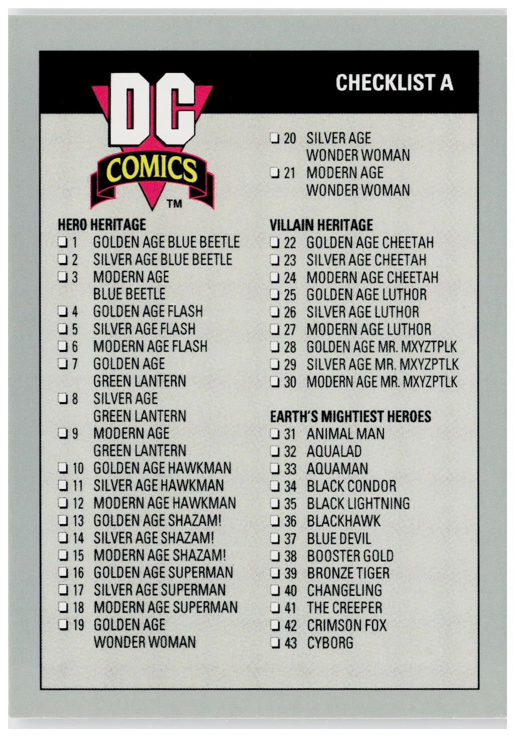 1992 Impel DC Cosmic #179 Checklist